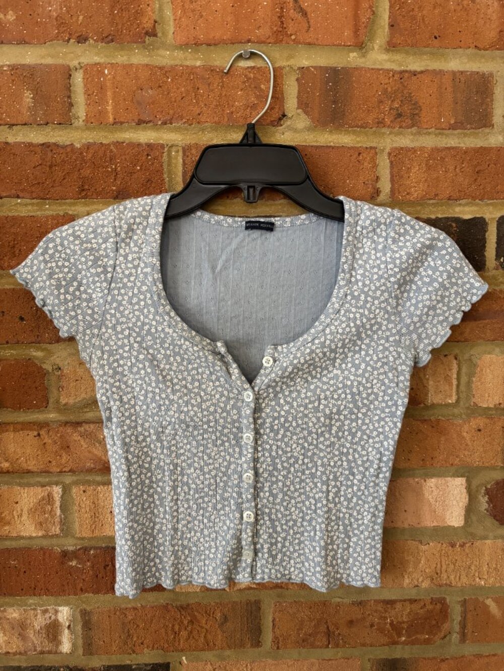 Brandy Melville Blue Floral Zelly Ribbed Pointelle Crop Top - One Size